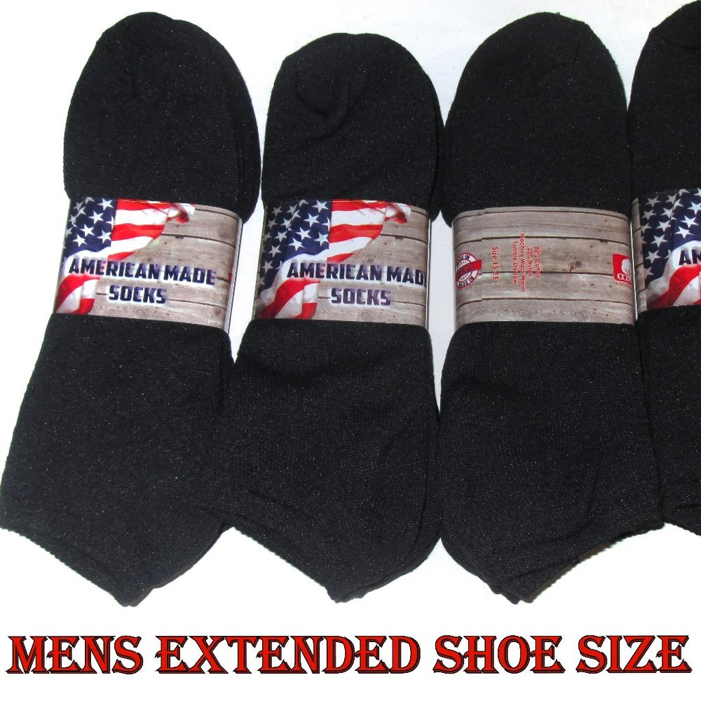 12 Pairs Extended Mens 12-15 Shoe Size No Show Black 80% Cotton Socks USA Made